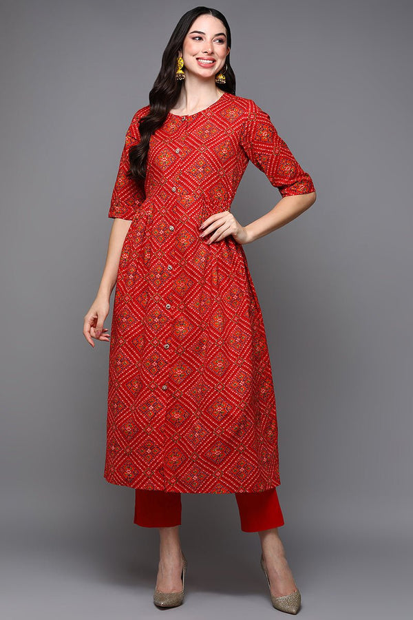 Ahika Red Cotton Bandhani A-Line Kurta