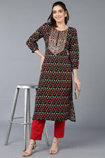 Thumbnail for Ahika Cotton Black Ikat Printed Straight Kurta - Distacart