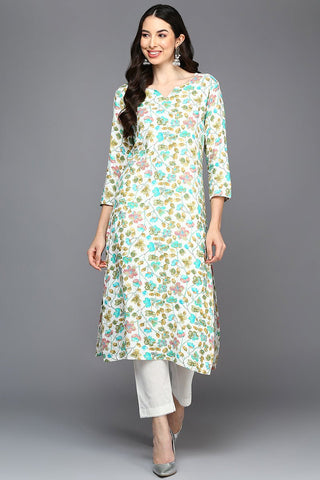 Ahika White Viscose Rayon Floral A-Line Kurta - Distacart