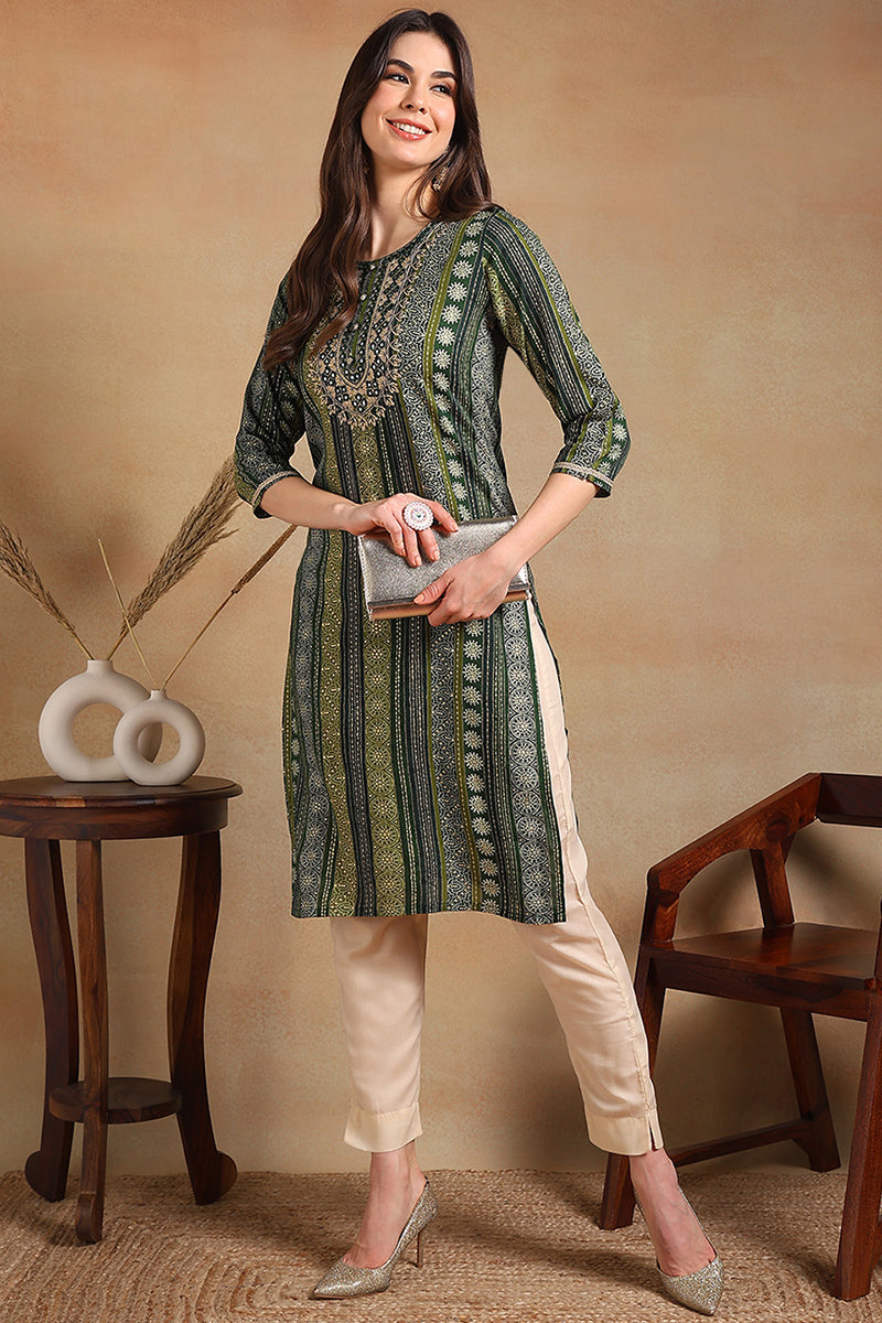 Ahika Green Viscose Rayon Ethnic Motifs Printed Straight Kurta VCK9465