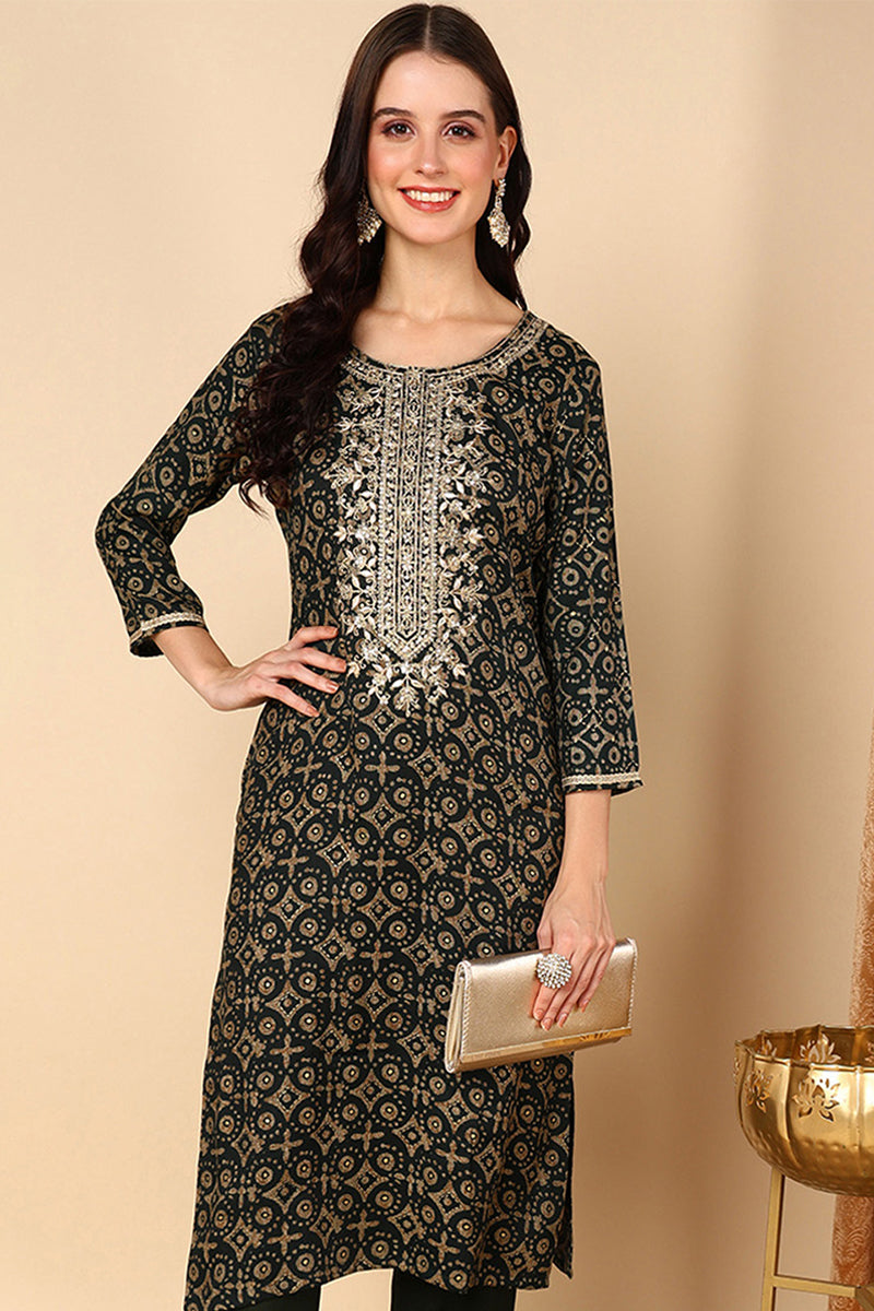 Ahika Green Viscose Rayon Ethnic Motifs Printed Straight Kurta VCK9476