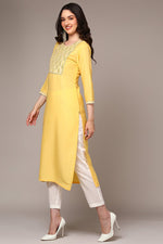 Thumbnail for Ahika Yellow Silk Blend Embroidered Straight Kurta - Distacart