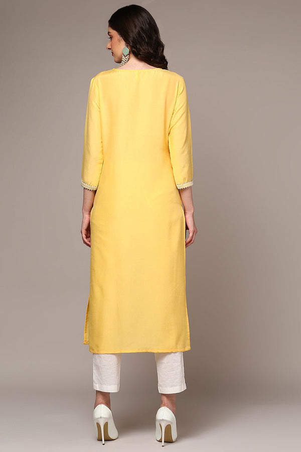 Ahika Yellow Silk Blend Embroidered Straight Kurta - Distacart