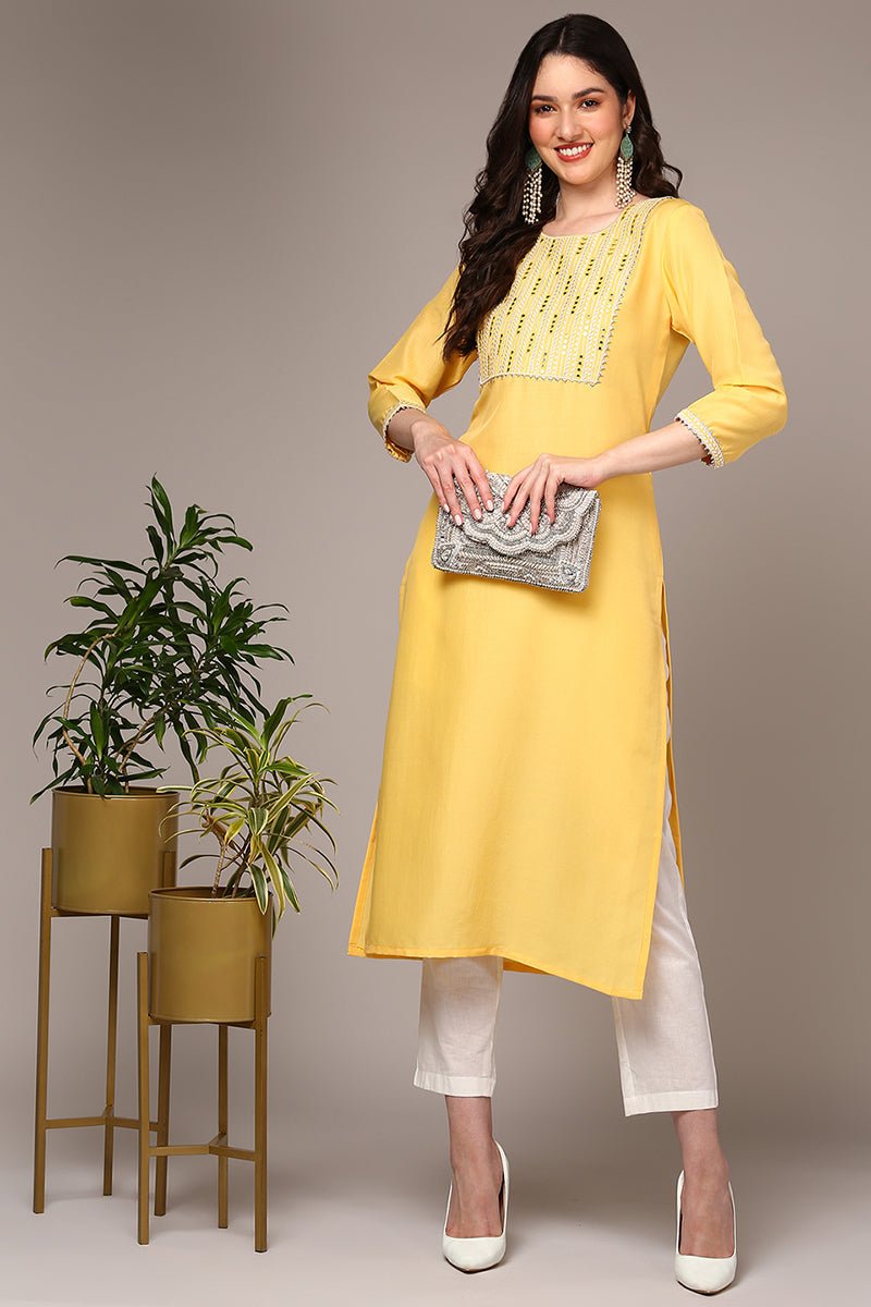 Ahika Yellow Viscose Rayon Leheriya Printed Straight Kurta - Distacart