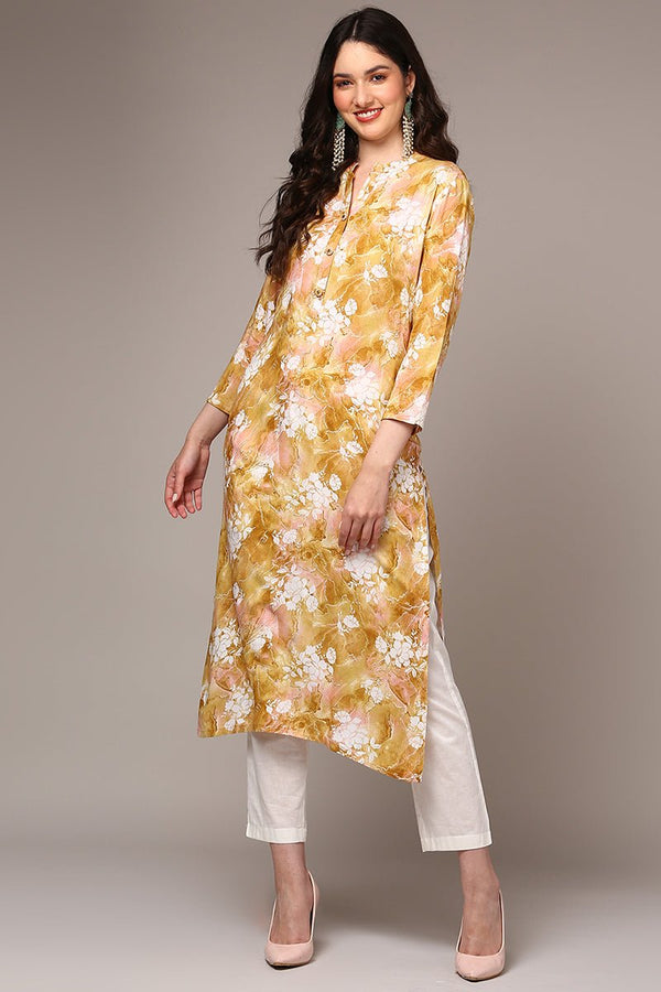 Ahika Yellow Viscose Rayon Floral Printed Straight Kurta - Distacart