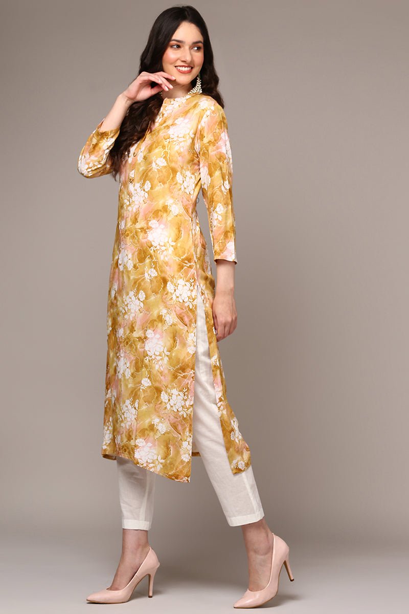 Ahika Yellow Viscose Rayon Floral Printed Straight Kurta - Distacart