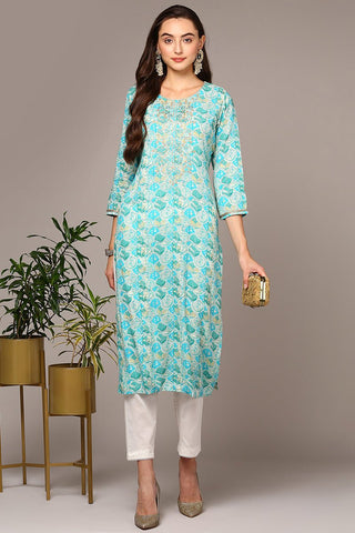 Ahika Turquoise Blue Viscose Rayon Ethnic Motifs Straight Kurta - Distacart