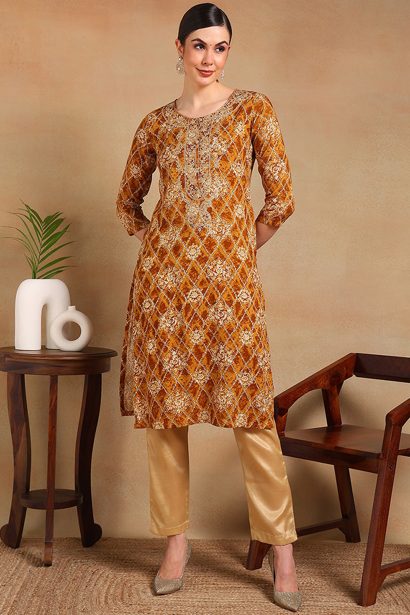 Ahika Orange Viscose Rayon Ethnic Motifs Printed Straight Kurta VCK9511
