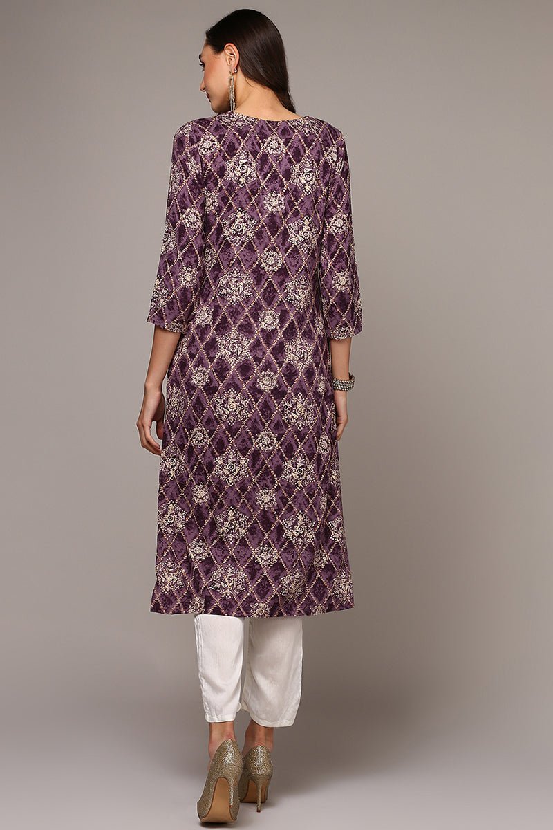 Ahika Purple Viscose Rayon Ethnic Motifs Straight Kurta