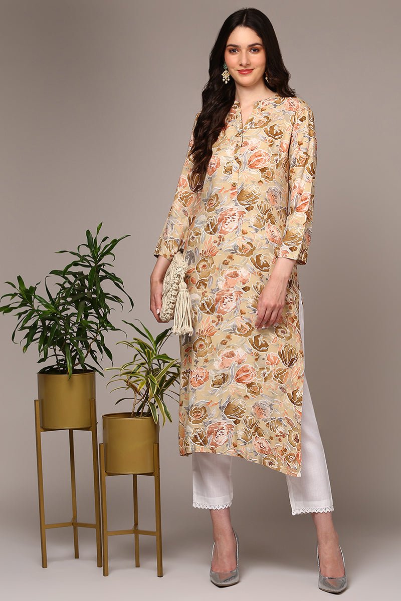 Ahika Yellow Viscose Rayon Floral Printed Straight Kurta - Distacart