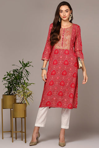Ahika Pink Viscose Rayon Bandhani Straight Kurta - Distacart