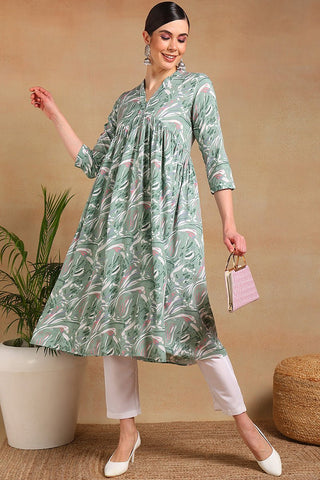Ahika Green Viscose Rayon Floral Printed A-Line Kurta - Distacart
