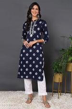 Thumbnail for Ahika Plus Size Blue Cotton Embroidered Ethnic Motifs Straight Kurta - Distacart