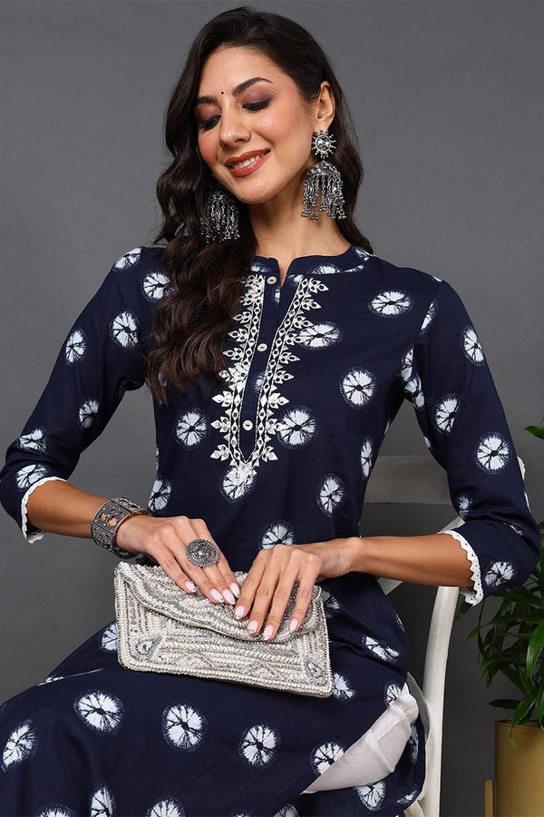 Ahika Plus Size Blue Cotton Embroidered Ethnic Motifs Straight Kurta - Distacart