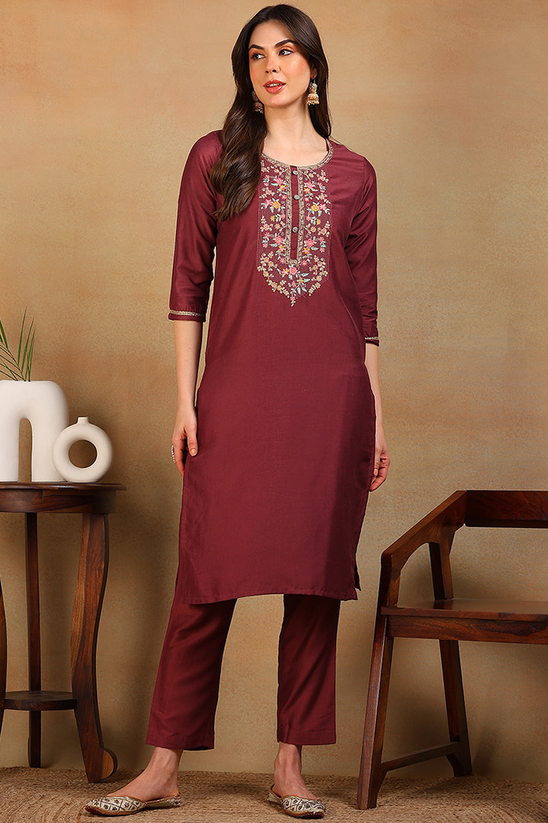 Vivaanta Fashion Maroon Silk Blend Solid Embroidered Straight Kurta VCK9580 - Dista