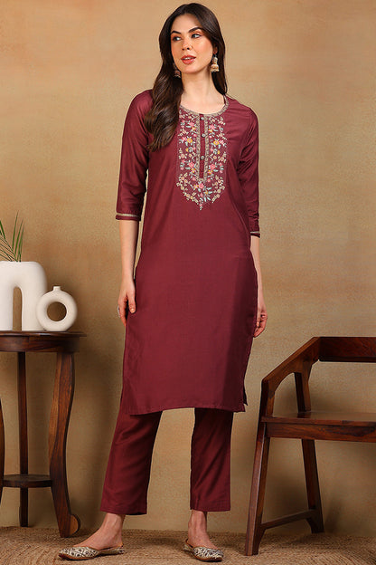 Vivaanta Fashion Maroon Silk Blend Solid Embroidered Straight Kurta VCK9580 - Dista