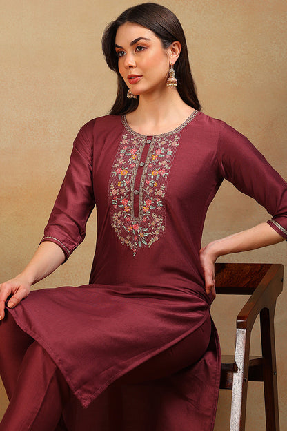 Vivaanta Fashion Maroon Silk Blend Solid Embroidered Straight Kurta VCK9580 - Dista