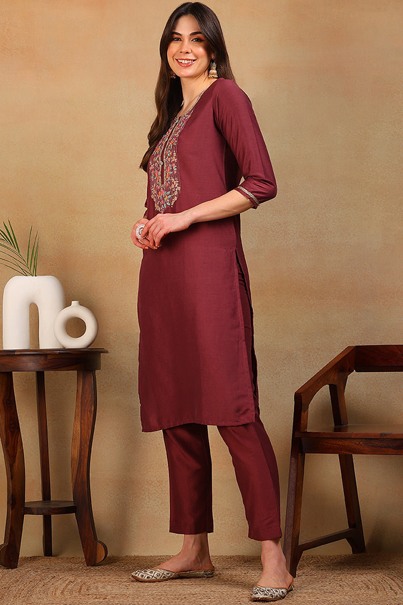 Vivaanta Fashion Maroon Silk Blend Solid Embroidered Straight Kurta VCK9580 - Dista