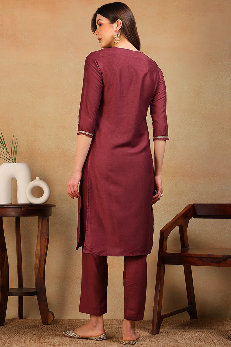 Vivaanta Fashion Maroon Silk Blend Solid Embroidered Straight Kurta VCK9580 - Dista