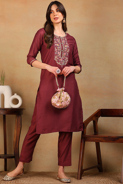 Vivaanta Fashion Maroon Silk Blend Solid Embroidered Straight Kurta VCK9580 - Dista