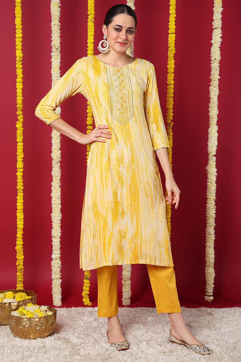 Ahika Yellow Viscose Rayon Abstract Printed Straight Kurta VCK9632