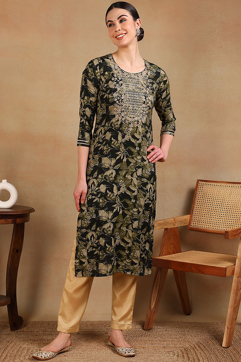 Ahika Green Silk Blend Floral Printed Straight Kurta VCK9697