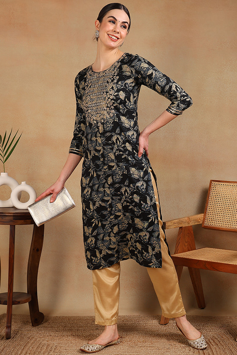 Ahika Navy Blue Silk Blend Floral Printed Straight Kurta VCK9698