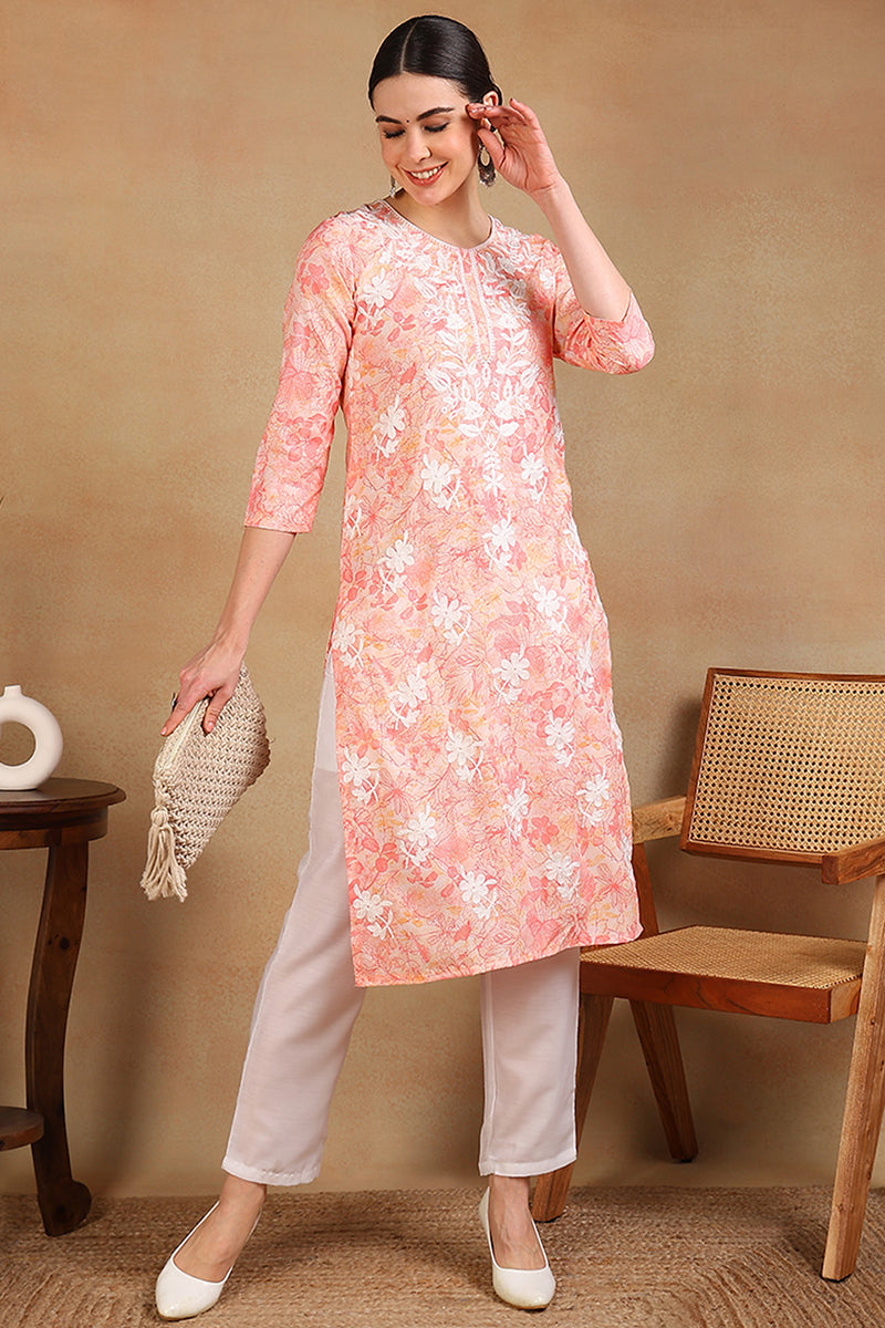 Ahika Peach Cotton Blend Embroidered Floral Printed Straight Kurta VCK9756