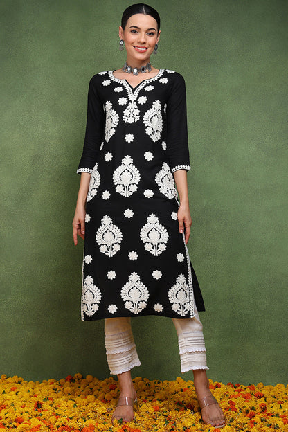 Vivaanta Fashion Black Viscose Rayon Solid Embroidered Straight Kurta VCK9769 - Dista