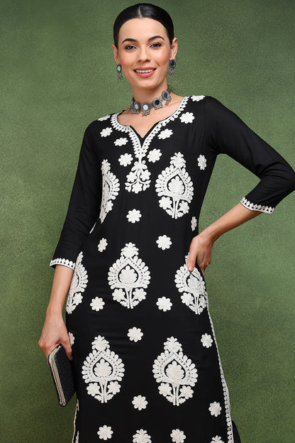 Vivaanta Fashion Black Viscose Rayon Solid Embroidered Straight Kurta VCK9769 - Dista