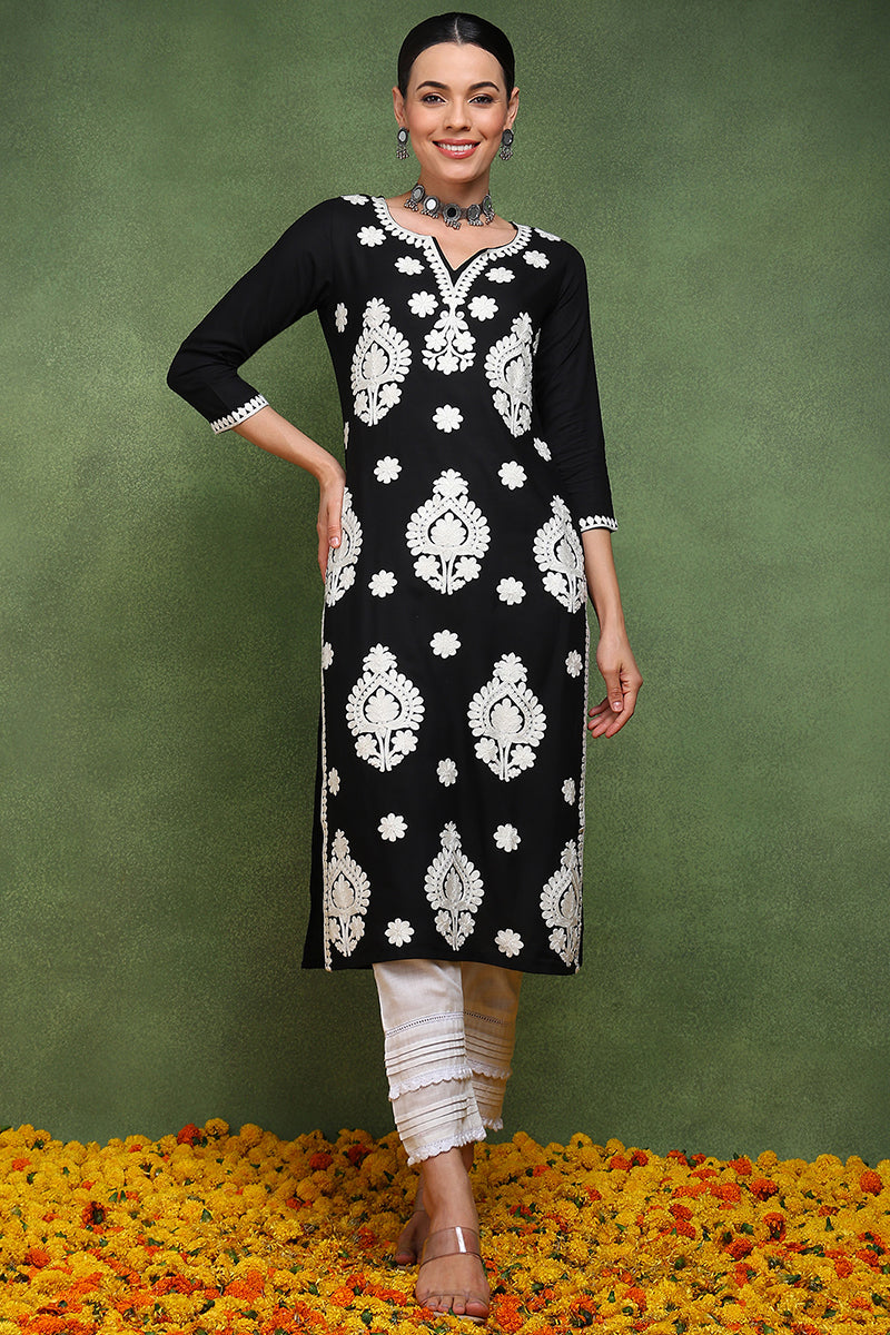 Vivaanta Fashion Black Viscose Rayon Solid Embroidered Straight Kurta VCK9769 - Dista