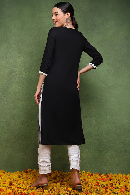 Vivaanta Fashion Black Viscose Rayon Solid Embroidered Straight Kurta VCK9769 - Dista