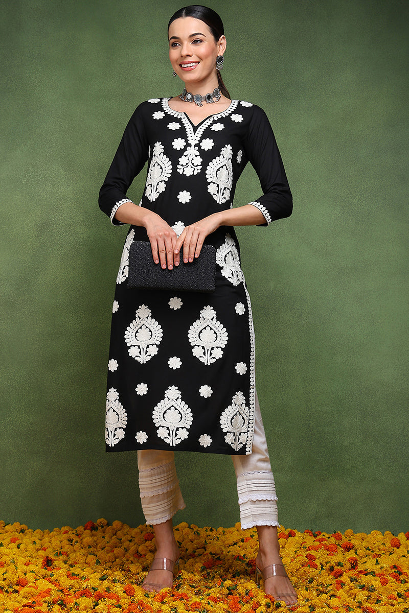 Vivaanta Fashion Black Viscose Rayon Solid Embroidered Straight Kurta VCK9769 - Dista