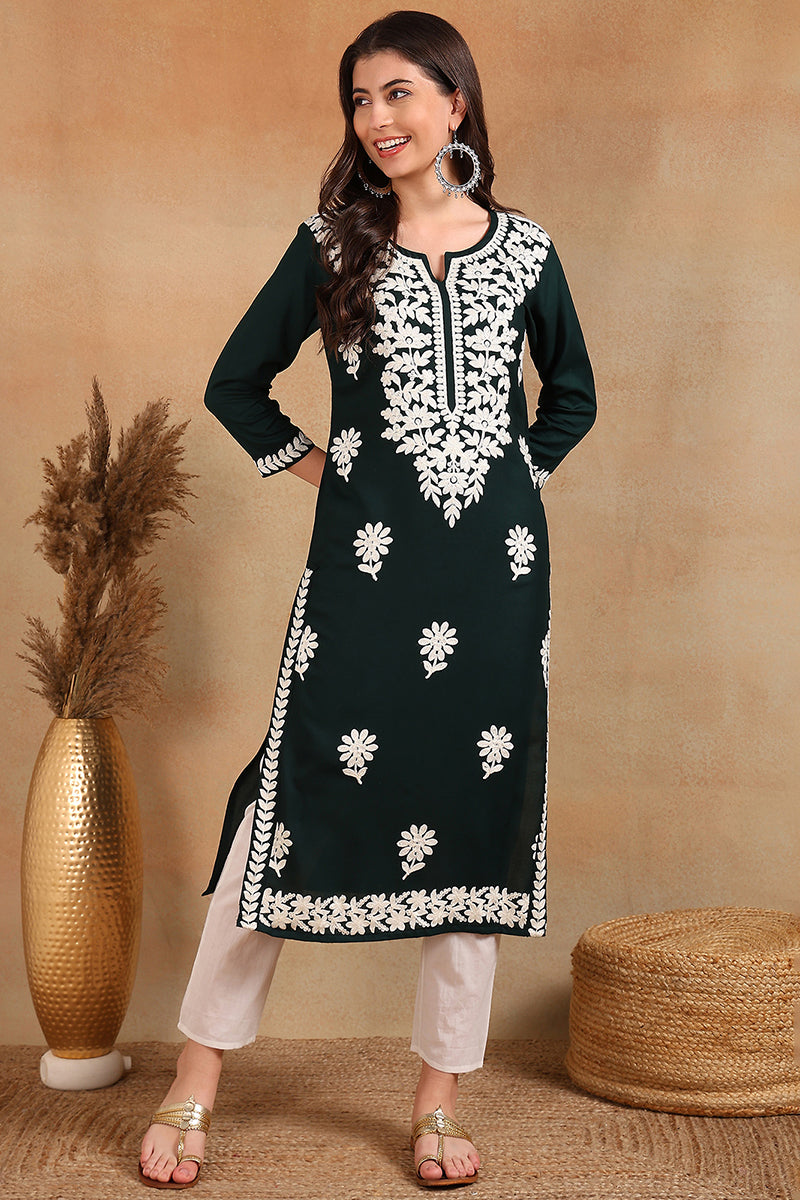 Ahika Green Viscose Rayon Solid Embroidered Chikankari Straight Kurta VCK9770GRN