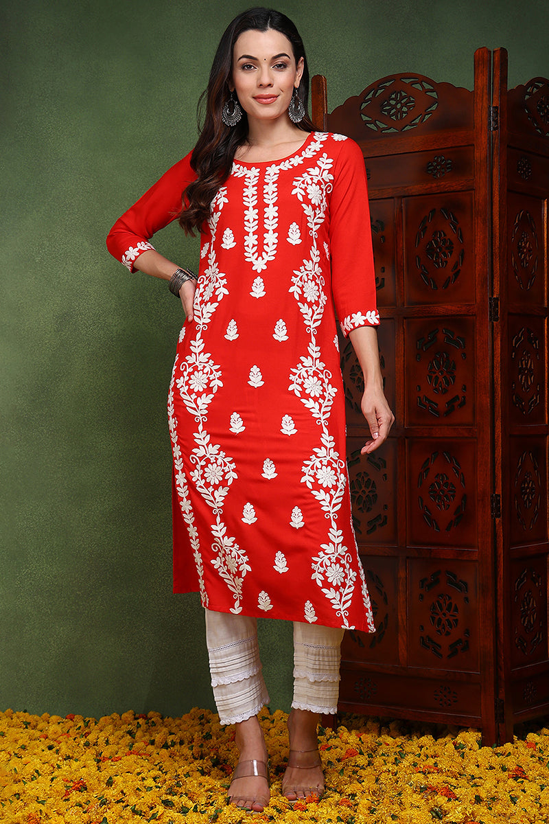 Ahika Red Viscose Rayon Solid Embroidered Chikankari Straight Kurta VCK9772RED