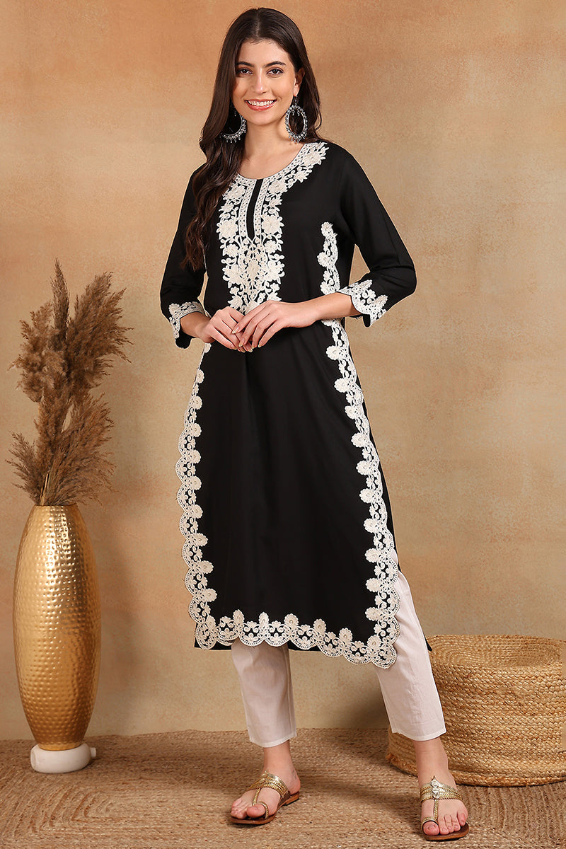 Ahika Black Viscose Rayon Solid Embroidered Chikankari Straight Kurta VCK9780