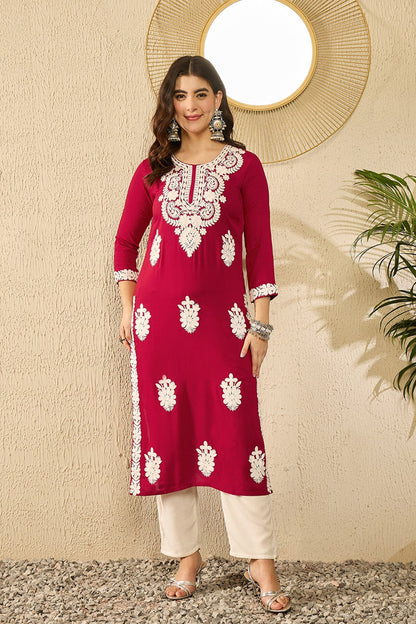 Vivaanta Fashion Red Viscose Rayon Solid Embroidered Straight Kurta VCK9782 - Dista