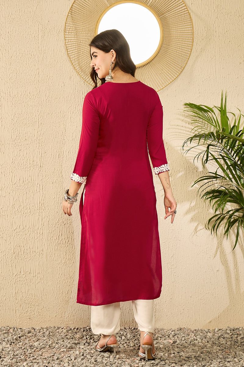 Vivaanta Fashion Red Viscose Rayon Solid Embroidered Straight Kurta VCK9782 - Dista