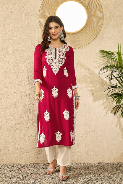 Vivaanta Fashion Red Viscose Rayon Solid Embroidered Straight Kurta VCK9782 - Dista