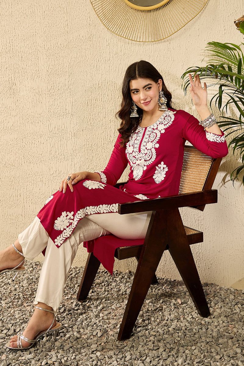 Vivaanta Fashion Red Viscose Rayon Solid Embroidered Straight Kurta VCK9782 - Dista