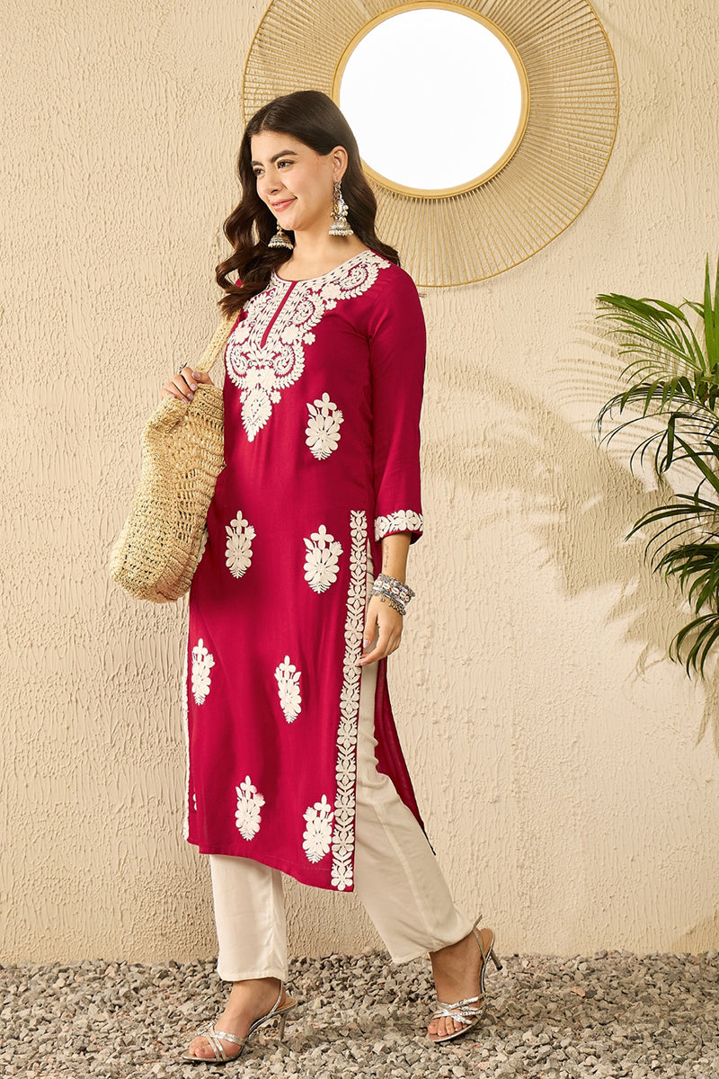 Vivaanta Fashion Red Viscose Rayon Solid Embroidered Straight Kurta VCK9782 - Dista
