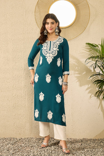 Vivaanta Fashion Blue Viscose Rayon Solid Embroidered Straight Kurta VCK9784 - Dista