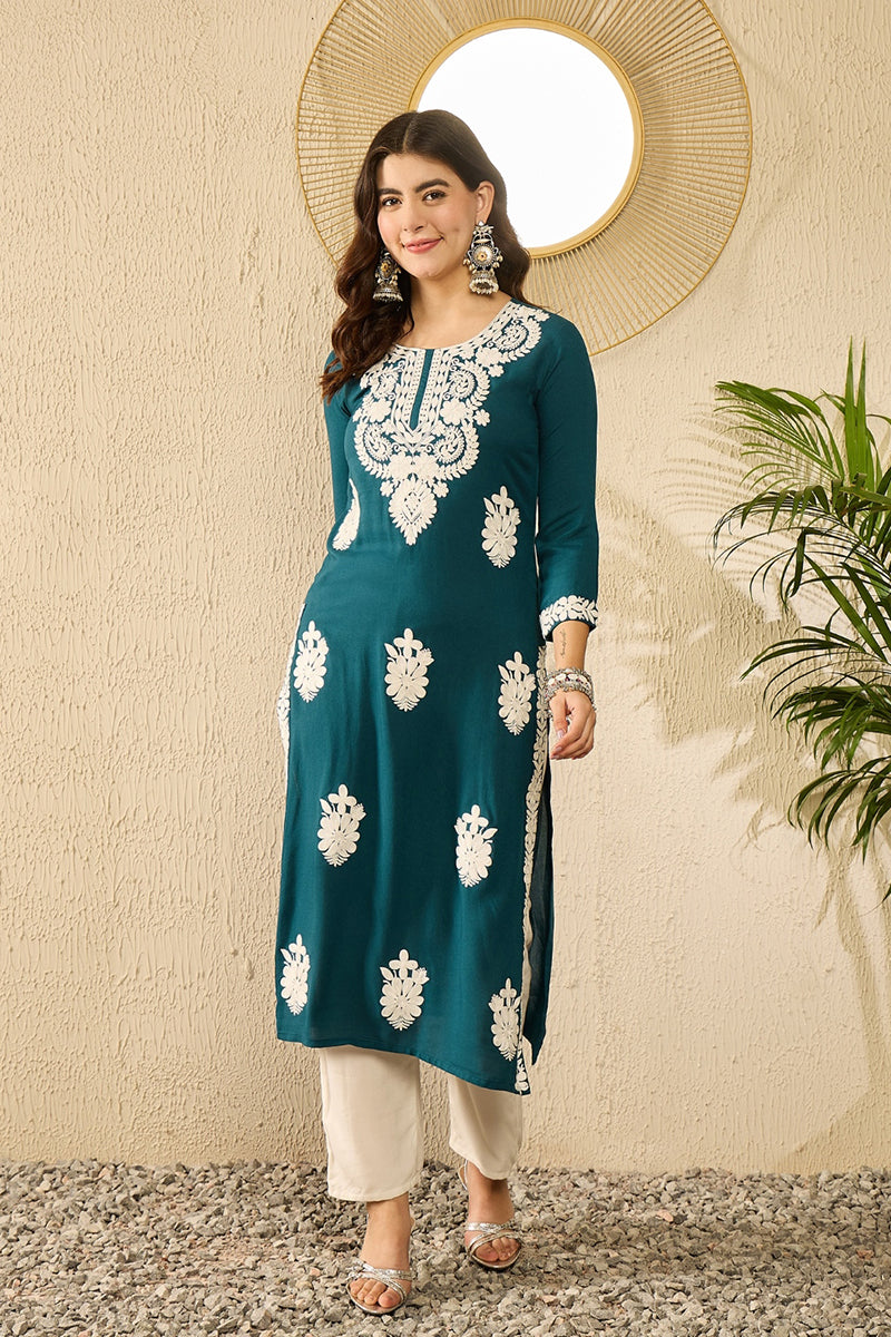 Vivaanta Fashion Blue Viscose Rayon Solid Embroidered Straight Kurta VCK9784 - Dista