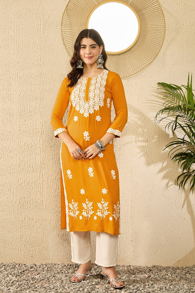 Ahika Yellow Viscose Rayon Solid Embroidered Straight Kurta VCK9785