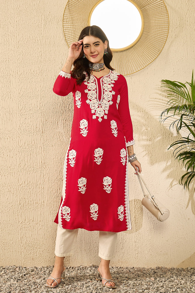 Ahika Red Viscose Rayon Embroidered Straight Kurta VCK9790