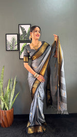 Thumbnail for Malishka Export Cotton Silk Woven Ready To Wear Saree With Blouse Piece - Grey - Distacart