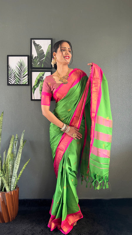 Malishka Export Cotton Silk Woven Ready To Wear Saree With Blouse Piece - Pink - Distacart