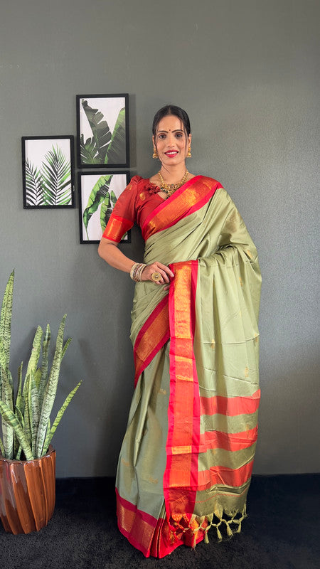Malishka Export Cotton Silk Woven Ready To Wear Saree With Blouse Piece - Pista - Distacart