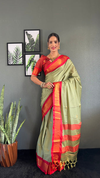 Malishka Export Cotton Silk Woven Ready To Wear Saree With Blouse Piece - Pista - Distacart