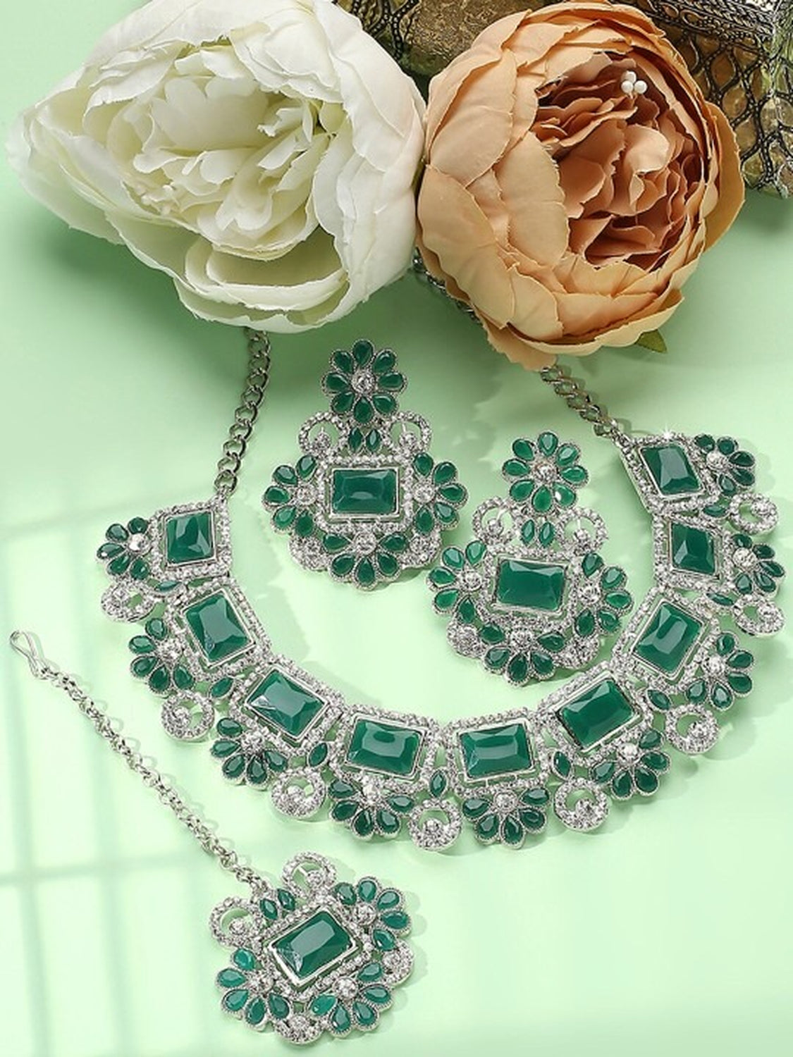 Jewel City Rhodium-Plated Stones Studded Jewellery Set